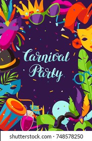 Carnival party background with celebration icons, objects and decor.