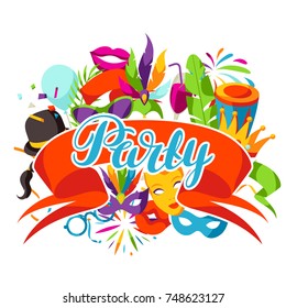 Carnival party background with celebration icons, objects and decor.