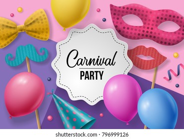 Carnival party background with carnival mask, photo booth props and balloons. Realistic vector illustration