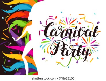 Carnival party background with samba dancer and colorful decorative feathers.