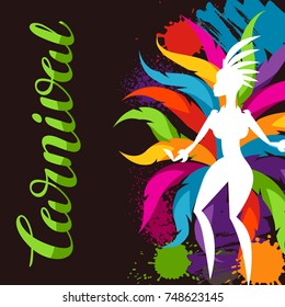 Carnival party background with samba dancer and colorful decorative feathers.