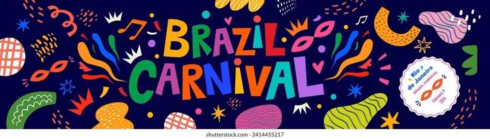 Carnival party banner. Design for Brazil Carnival. Decorative abstract illustration with colorful doodles.