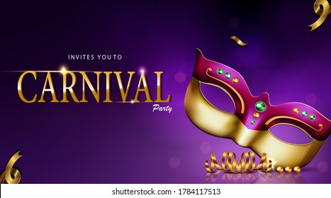 carnival party banner design golden mask with purple feathers in illustration on glittering