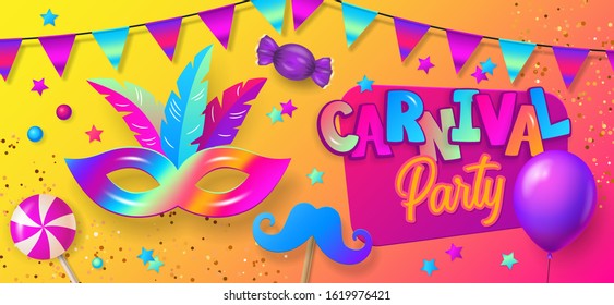 Carnival party banner design with carnival mask and typography. Template for flyer, poster, invitation, social media advertising. Vector illustration