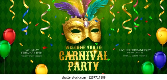 Carnival party banner design with masks and balloons on green rhombus background in 3d illustration