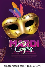 Carnival party banner design,poster flyer golden mask with purple feathers in on glittering bokeh background