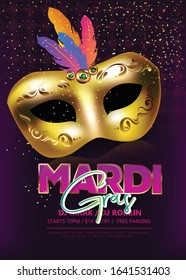Carnival party banner design,poster flyer golden mask with purple feathers in on glittering bokeh background