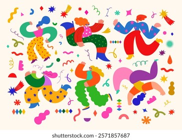 Carnival party banner with funny dancing characters. Design for Brazil Carnival. Decorative abstract illustration with colorful doodles. Music festival illustration