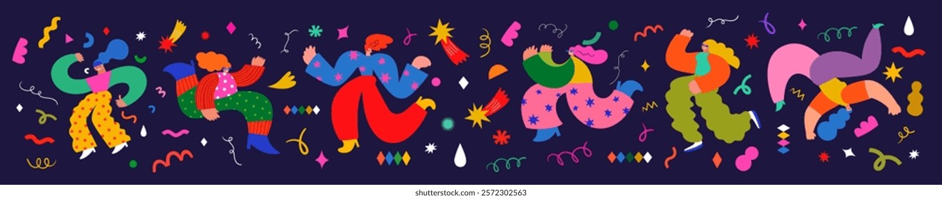 Carnival party banner with funny dancing characters. Design for Brazil Carnival. Decorative abstract illustration with colorful doodles. Music festival illustration