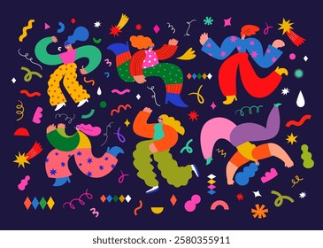 Carnival party banner with funny dancing characters. Design for Brazil Carnival. Decorative abstract illustration with colorful doodles. Music festival illustration