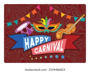 Carnival Party Banner with masks, colorful flags, and musical instruments. Carnival celebrations are lively and joyful. Carnival party concept. Flat vector illustration.