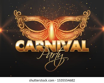 Carnival Party banner or poster design with glittering mask and lighting effect on black background.