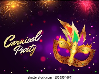 Carnival Party banner or poster design with golden mask on purple bokeh fireworks background.