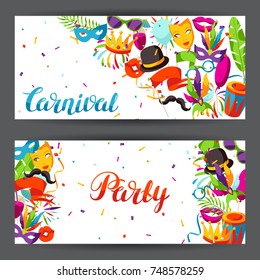 Carnival party banners with celebration icons, objects and decor.