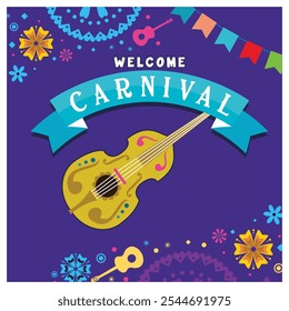 Carnival party in Brazil with musical instruments. Colorful background with a string of flags. Carnival party concept. Flat vector illustration.