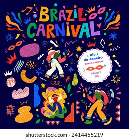 Carnival party cards collection. Design for Brazil Carnival. Decorative illustration with dancing people.