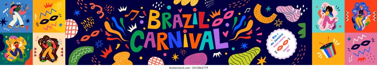 Carnival party cards collection. Design for Brazil Carnival. Decorative illustration with dancing people.