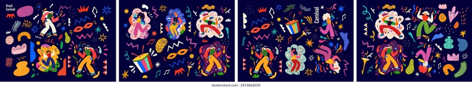 Carnival party cards collection. Design for Brazil Carnival. Decorative illustration with dancing people. Music festival illustrations