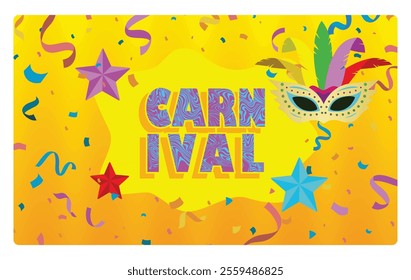 Carnival Party Celebration with decorative masks, colorful stars, and festive confetti. Celebrate carnival parties with bright and lively elements. Carnival party concept. Flat vector illustration. 