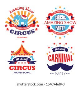 Carnival party and circus show, isolated icons vector. Striped tent and elephant, mustache and stars, entertainment and animals trick. Stage performance and fun fair invitation emblem or logo