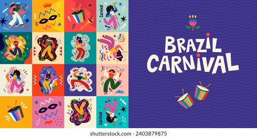 Carnival party. Carnival collection of colorful cards. Design for Brazil Carnival. Decorative abstract illustration with colorful doodles. Music festi