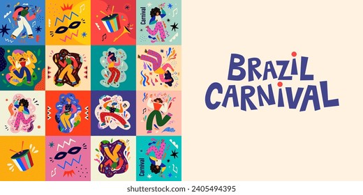 Carnival party. Carnival collection of colorful cards. Design for Brazil Carnival. Decorative abstract illustration with colorful doodles. 