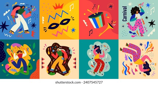 Fiesta de carnaval. Colección de carnaval de tarjetas coloridas. Diseño para el Carnaval de Brasil. Ilustración abstracta decorativa con doodles coloridos. 