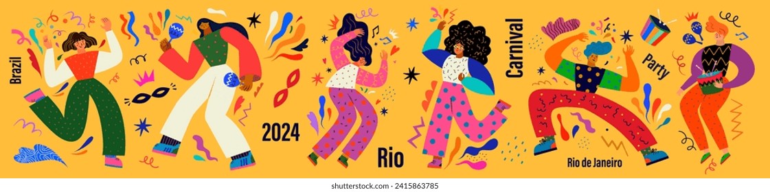 Carnival party. Carnival collection of colorful cards. Design for Brazil Carnival. Beautiful holiday vector illustration with dancing people.