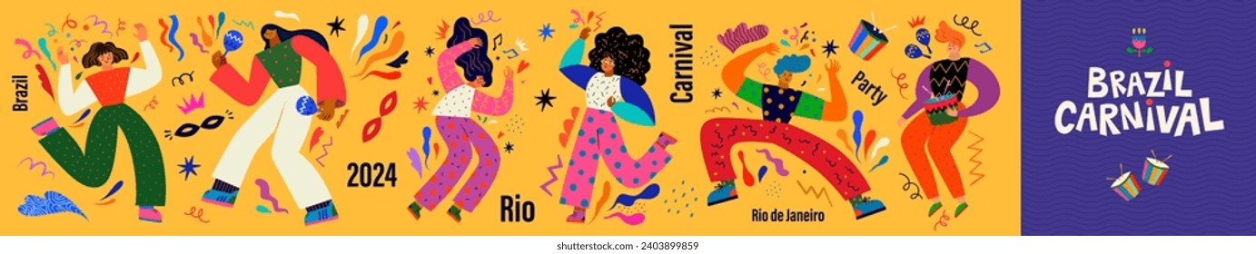 Carnival party. Carnival collection. Design for Brazil Carnival. Beautiful holiday vector illustration with dancing people.