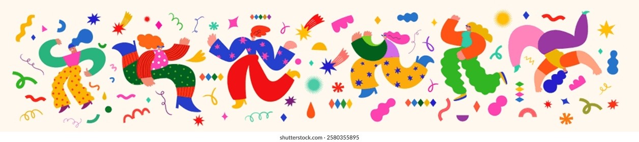 Carnival party. Colorful banner with funny dancing people. Design for Brazil Carnival. Decorative abstract illustration with colorful doodles.