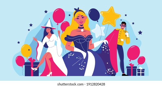 Carnival party composition with human characters in partysuits with icons of balloons gift boxes and stars vector illustration