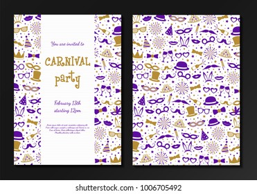 Carnival Party - concept of card with funny costumes. Two sided invitation. Vector.