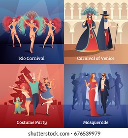 Carnival party concept icons set with costume party symbols flat isolated vector illustration