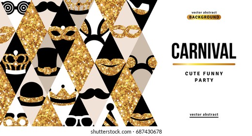 Festa de carnaval de ouro criativo e banner preto. Ilustração vetorial. Ícones brilhantes em losango. Conceito para web e promoção. Funfair design bilhete engraçado na moda