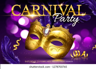 Carnival party design, golden mask with purple feathers in 3d illustration on glittering bokeh background