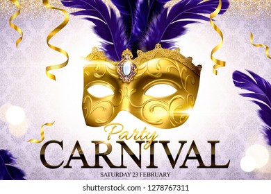 Carnival party design with golden mask in 3d illustration on glittering bokeh background