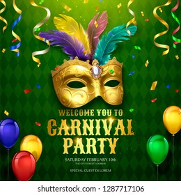 Carnival party design with masks and balloons on green rhombus background in 3d illustration