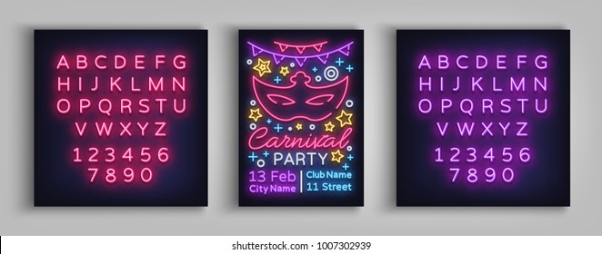 Carnival party design template, brochure, poster in neon style. Bright luminous invitation to the carnival party, masquerade. Neon sign, flyer. Mardi Gras Vector illustration. Editing text neon sign