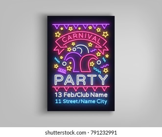 Carnival party design template, brochure, poster in neon style. Bright luminous invitation to the carnival party, masquerade. Neon sign, neon banner, flyer, postcard. Mardi Gras Vector illustration