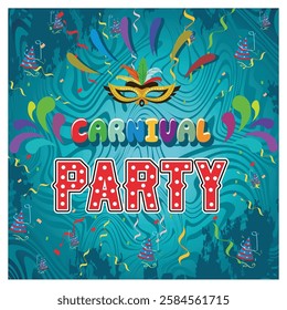 Carnival party design with Traditional mask with feathers,maracas,fireworks,tropical leaves for carnaval. Flat vector modern illustration 