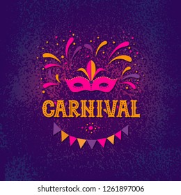 Carnival party design. Vector background with masquerade mask, fireworks and garland. Vector illustration. For poster, card, web, invitation.