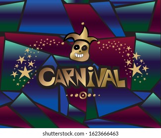 Carnival party design. Vector background with masquerade mask and fireworks. Vector illustration. For a poster, postcard, web, invitation.