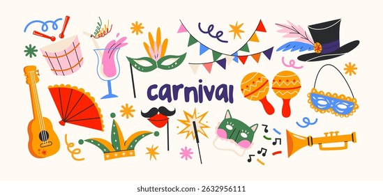 Carnival party elements in retro cartoon style. Celebration props: masks, instruments, drinks, decorations. Illustration in funky, doodle style, trendy sticker set