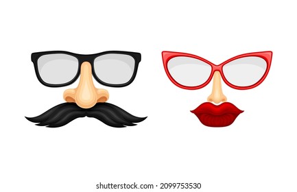 Carnival or party face masks with glasses, mustache and lips set cartoon vector illustration