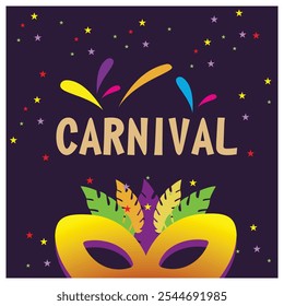 Carnival party with feather masks and confetti. Festive colorful background. Carnival party concept. Flat vector illustration.