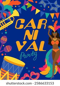 Carnival. Party, Festival Invitation. Colorful banner with drum, trumpet, maracas and feather masks and girl in carnival costume on dark blue background. Vector flat style illustration