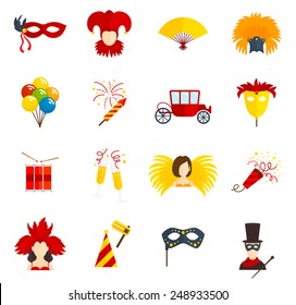 Carnival party festive costumes venetian style masquerade masks flat icons collection with clown abstract vector isolated illustration