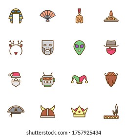 Juego de iconos de contorno rellenados por el partido de carnaval, colección de símbolos de vector de línea, paquete de pictogramas de color lineal. Signos, ilustración del logo, Set incluye iconos como sombrero de vaquero, máscara facial, alien, pirata, robot