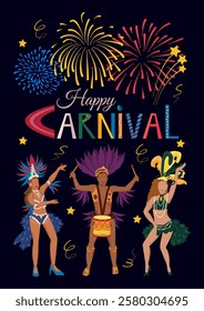 Carnival party flyer. Brazilian street carnival poster, postcard with samba dancers, drummer and fireworks. Mardi Gras decoration elements. Vector illustration