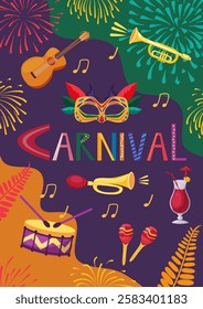 Carnival party flyer. Design for Brazil Carnival. Decorative abstract vector illustration with mask, guitar, trumpet, drum, maracas and fireworks. Music festival poster.